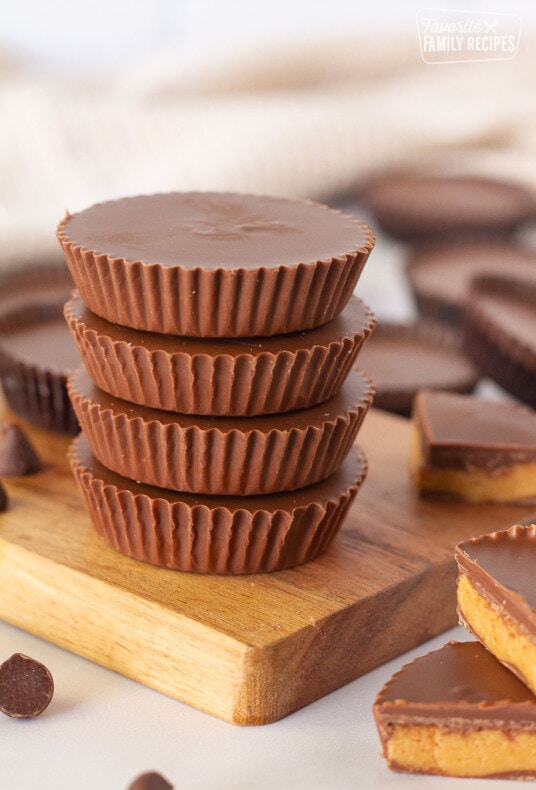 Side view of Homemade Reese's Peanut Butter Cups stacked up.