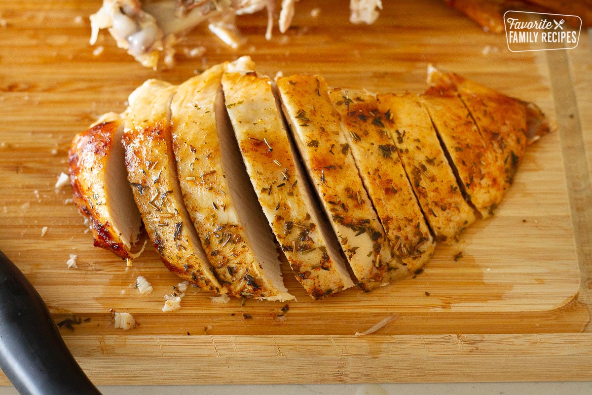 Turkey breast sliced on a cutting board for How to Cook a Turkey instructions.