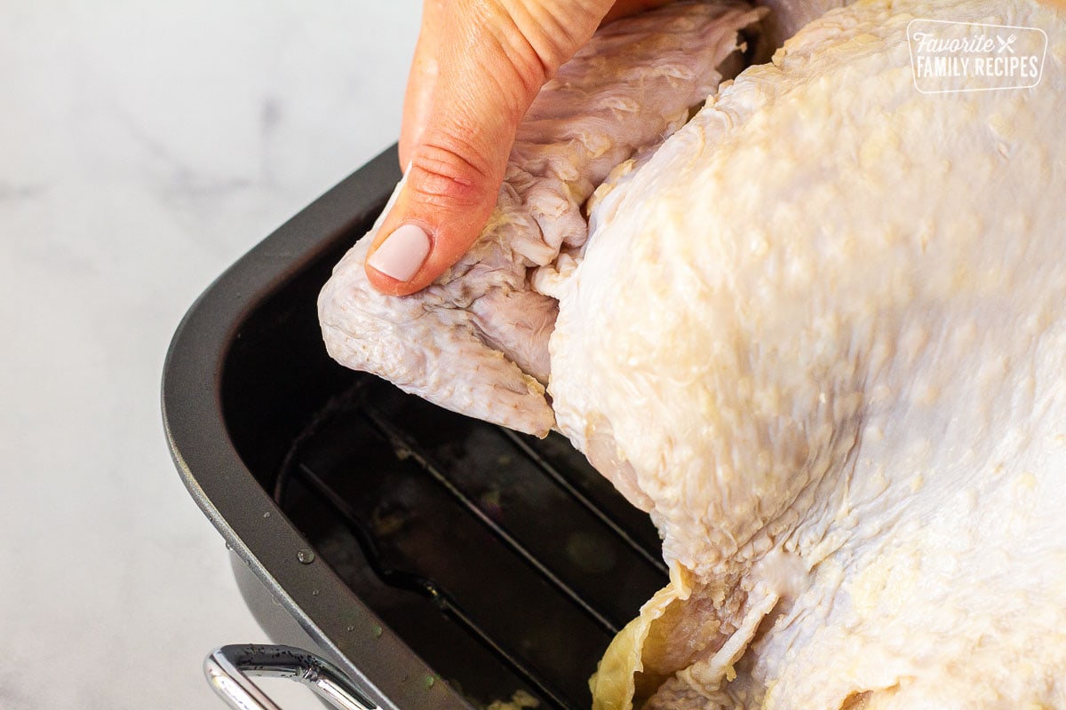 Hand tucking chicken wings under the turkey for How to Cook a Turkey.
