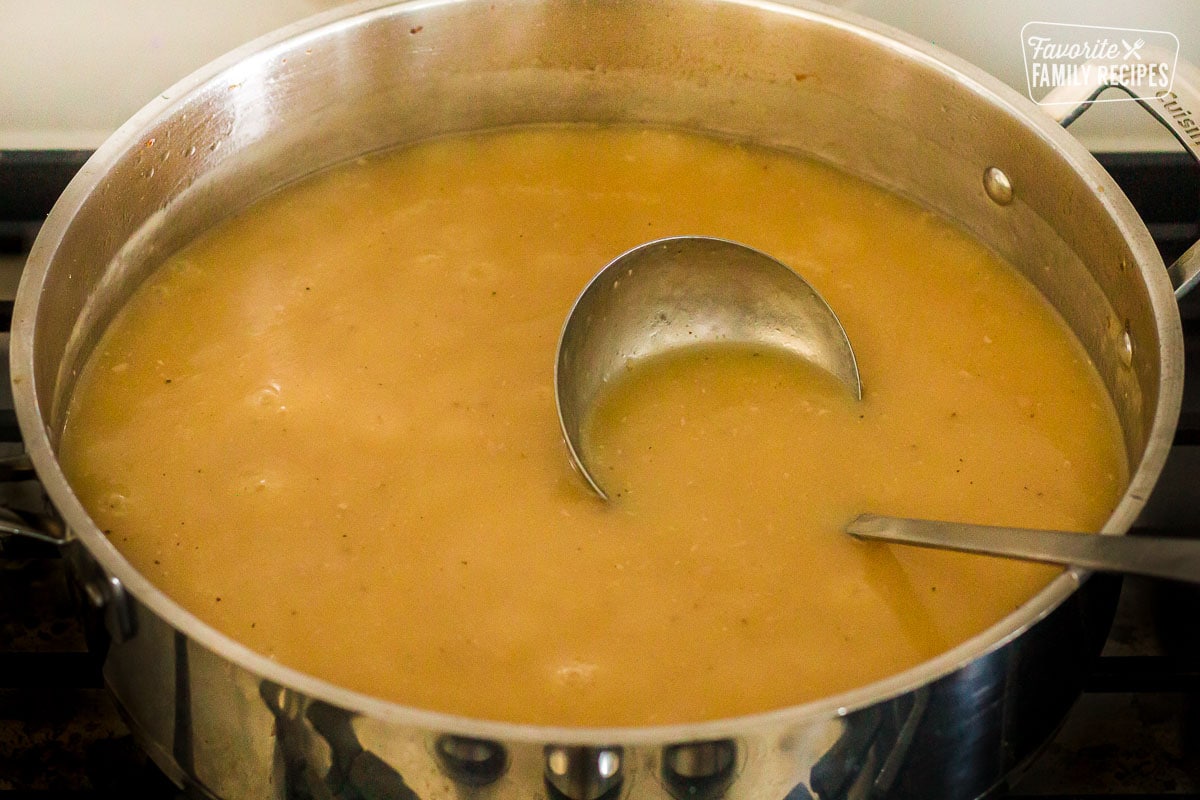 Pan of Turkey Gravy with a ladle.