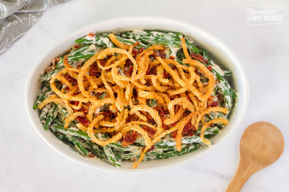 Casserole dish of unbaked Green Bean Casserole.