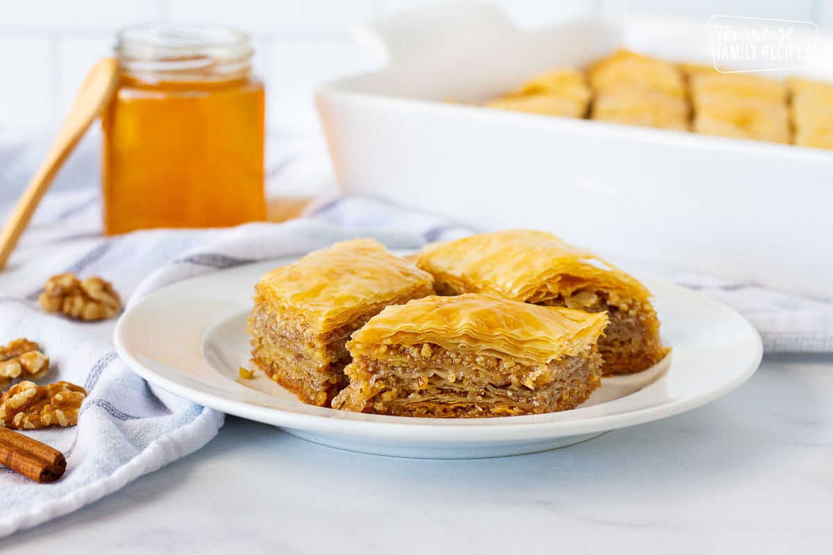 Three slices of Baklava on a plate.