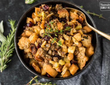 A bowl of GF stuffing for Thanksgiving