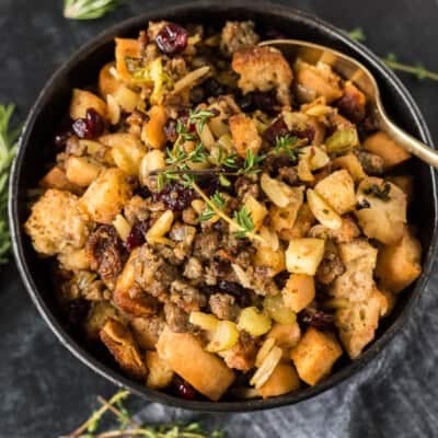 A bowl of GF stuffing for Thanksgiving