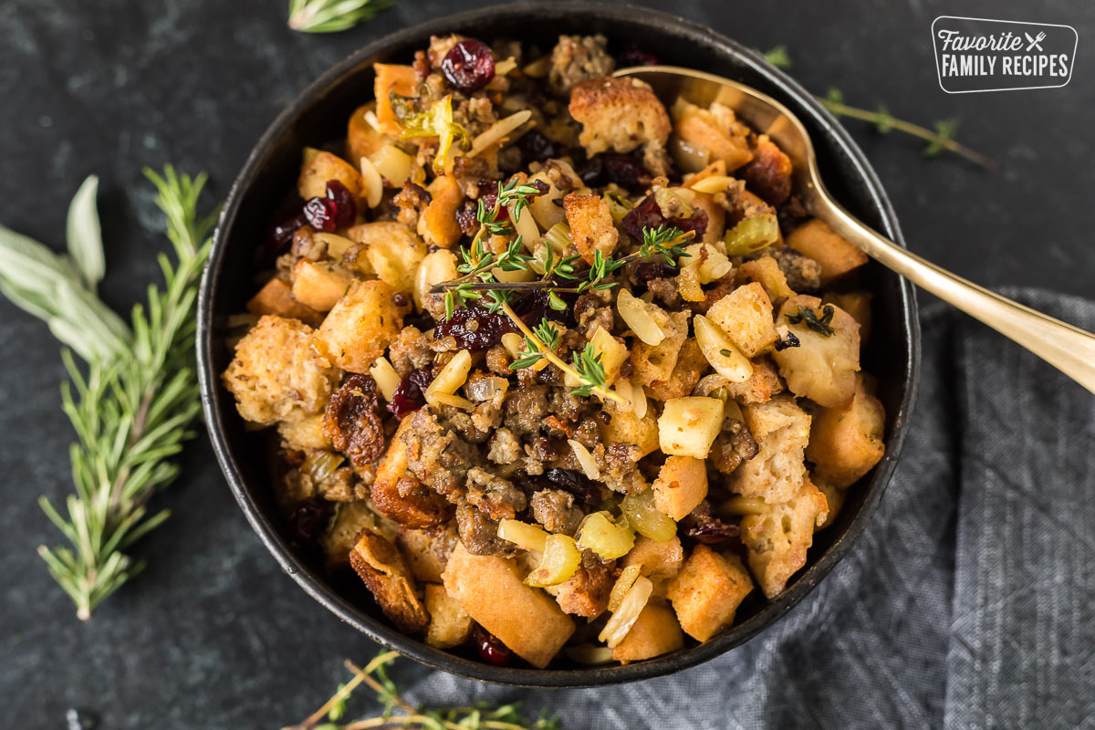 A bowl of GF stuffing for Thanksgiving