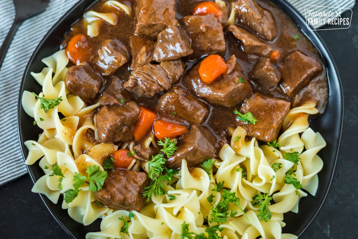 Instant pot beef goulash with noodles on a plate made Hungarian style