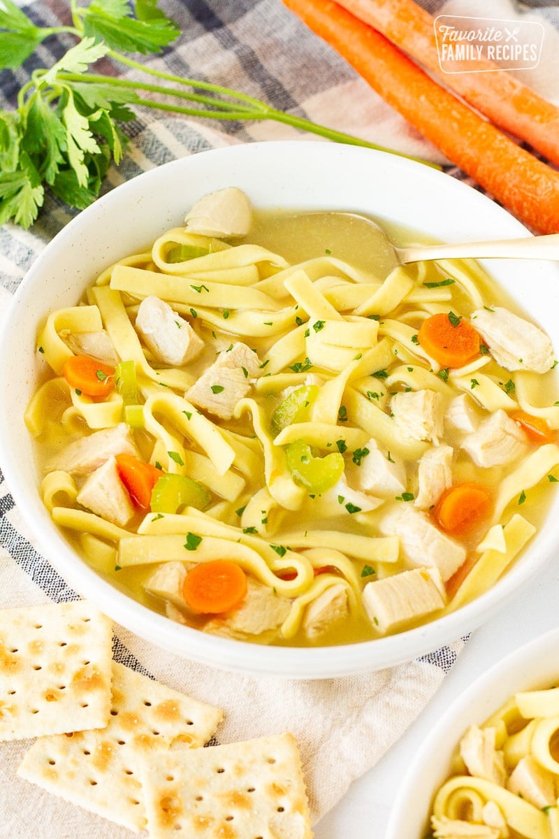 Spoon resting in bowl of Homemade Chicken Noodle Soup.