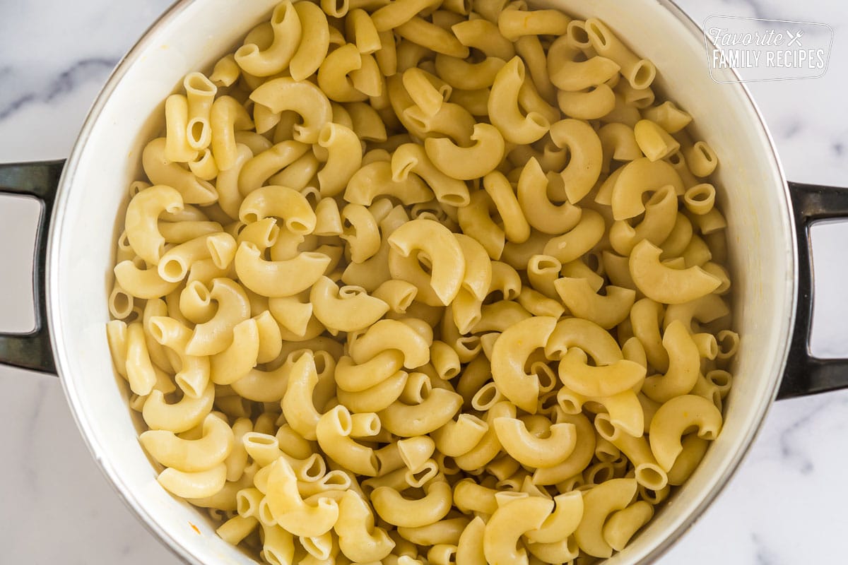 macaroni noodles in a pot cooked and drained