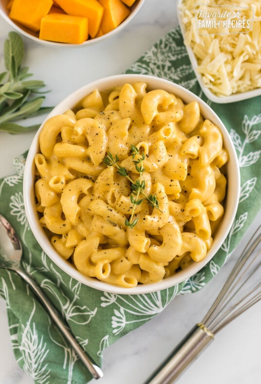 A bowl of butternut squash mac and cheese