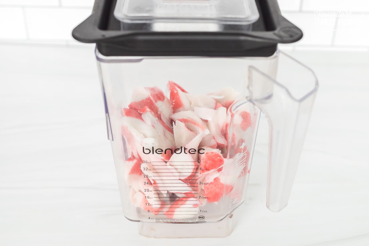 Crab meat pieces in a blender