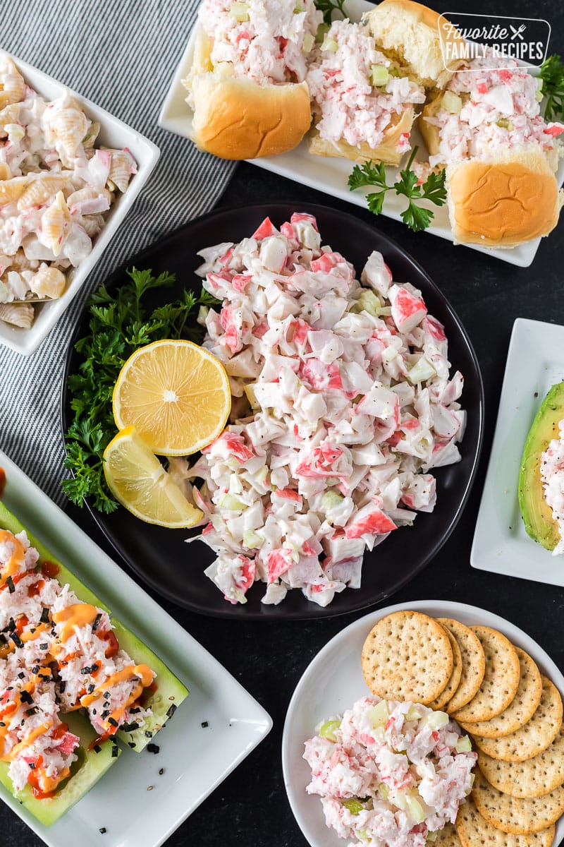 Crab salad on a plate surrounded by other crab recipes.