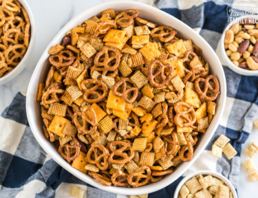 Crockpot Chex Mix in a large bowl