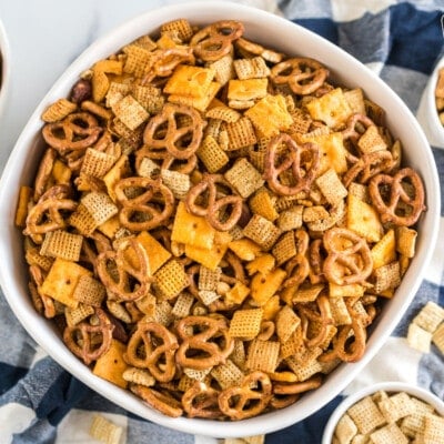 Crockpot Chex Mix in a large bowl