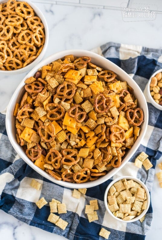 Crockpot Chex Mix in a large bowl