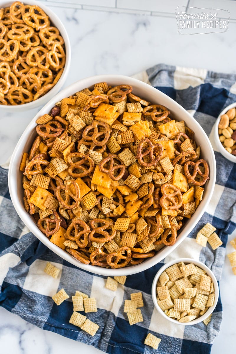 Crockpot Chex Mix in a large bowl.