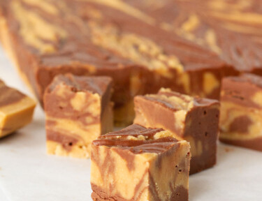 Cut up cubes of Chocolate Peanut Butter Fudge.