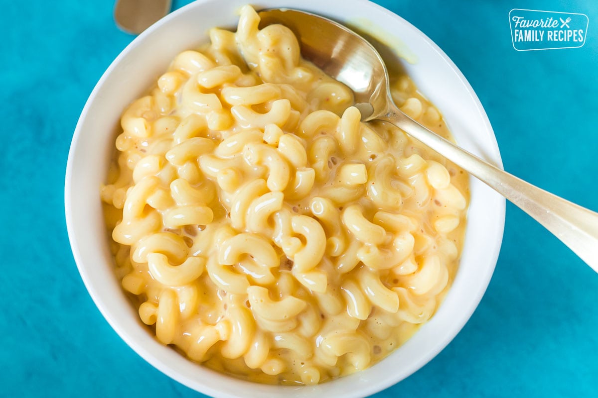 A close up, top view of a bowl of mac and cheese
