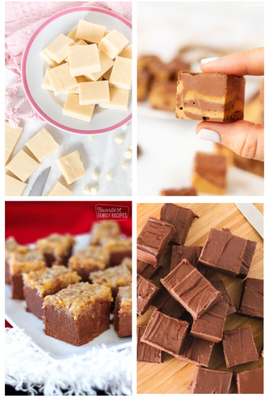 A collage of vanilla fudge, German Chocolate Fudge, Chocolate Peanut Butter Fudge, and See's Fudge Recipes
