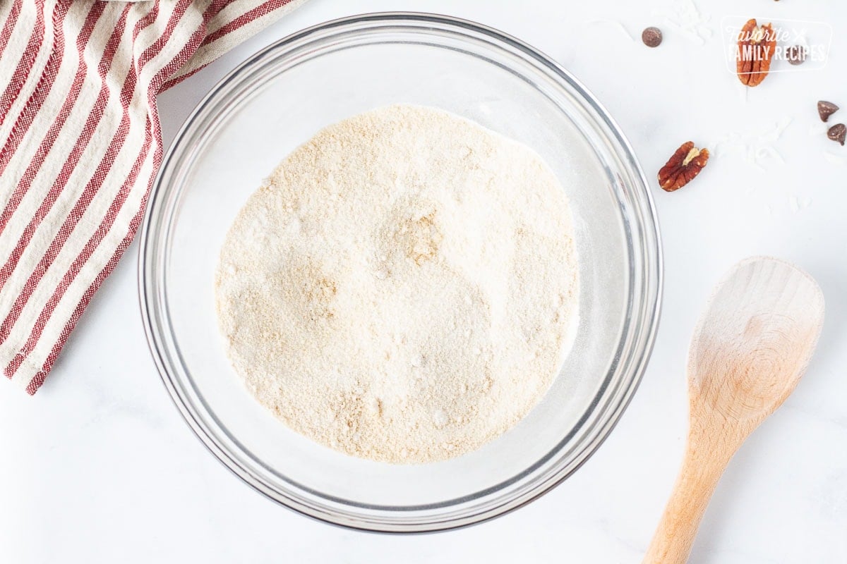 Bowl of dry ingredients for German Chocolate Pie filling.