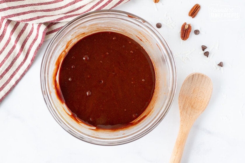 Bowl of German Chocolate Pie filling mixture.