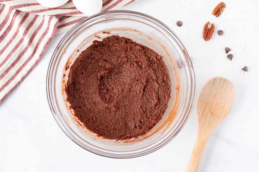 Bowl of chocolate mixture combined with dry ingredients for German Chocolate Pie filling.