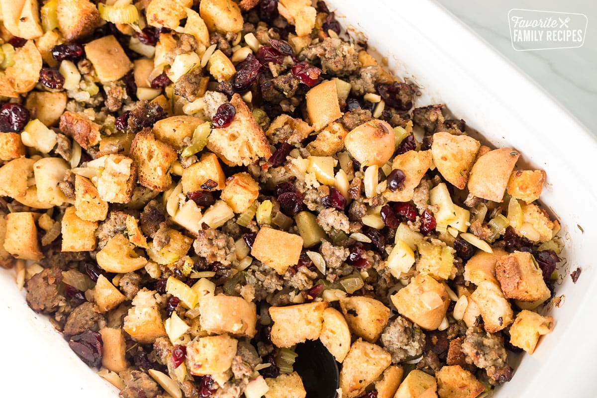 Gluten free stuffing being baked in a baking dish