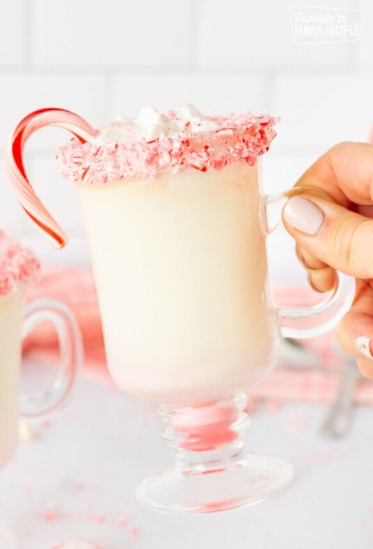 Hand holding a mug of Peppermint Hot Chocolate with candy canes.