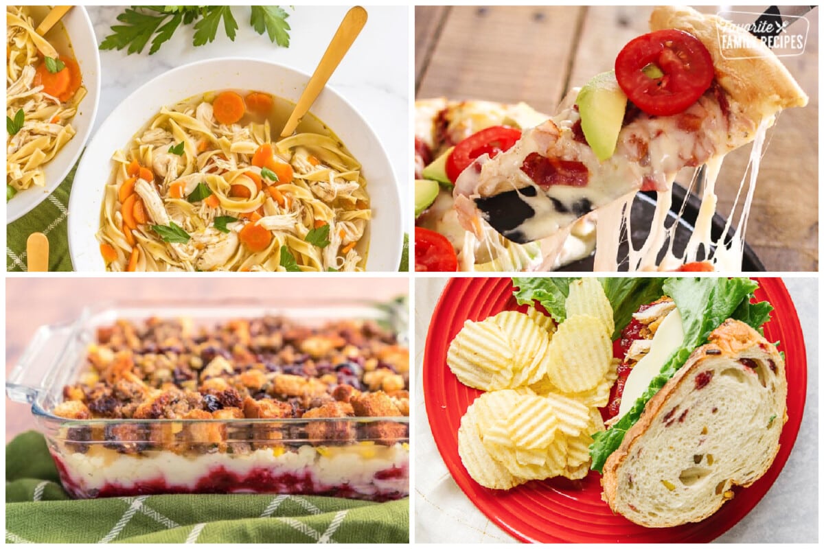 A collage of leftover turkey recipes including casseroles, soups, sandwiches, and pizza