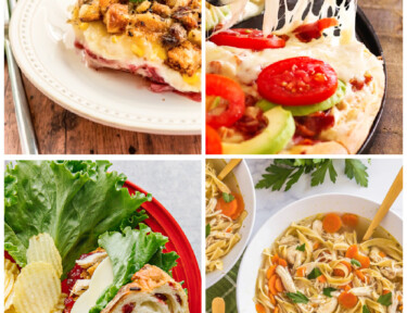 A collage of leftover turkey recipes including casseroles, soups, sandwiches, and pizza