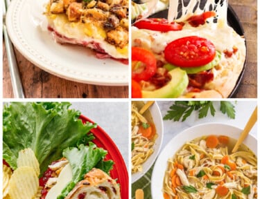 A collage of leftover turkey recipes including casseroles, soups, sandwiches, and pizza