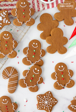 Top view of Gingerbread Cookies with gingerbread man, stars, trees and candy cane shapes.