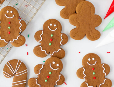 Top view of Gingerbread Cookies with gingerbread man, stars, trees and candy cane shapes.