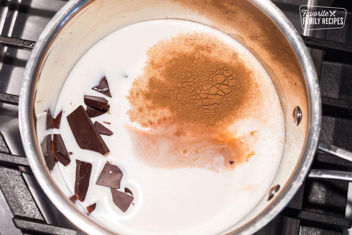 Chocolate pieces in a saucepan with milk and cinnamon