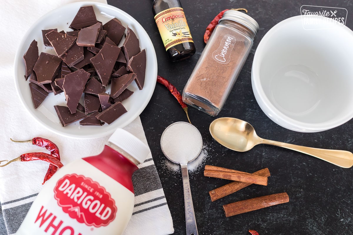 Ingredients to make Mexican hot chocolate including chocolate pieces, milk, cinnamon, vanilla, and sugar