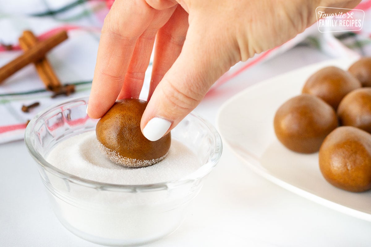 Hand dipping a Molasses Cookie dough ball into a bowl of sugar.