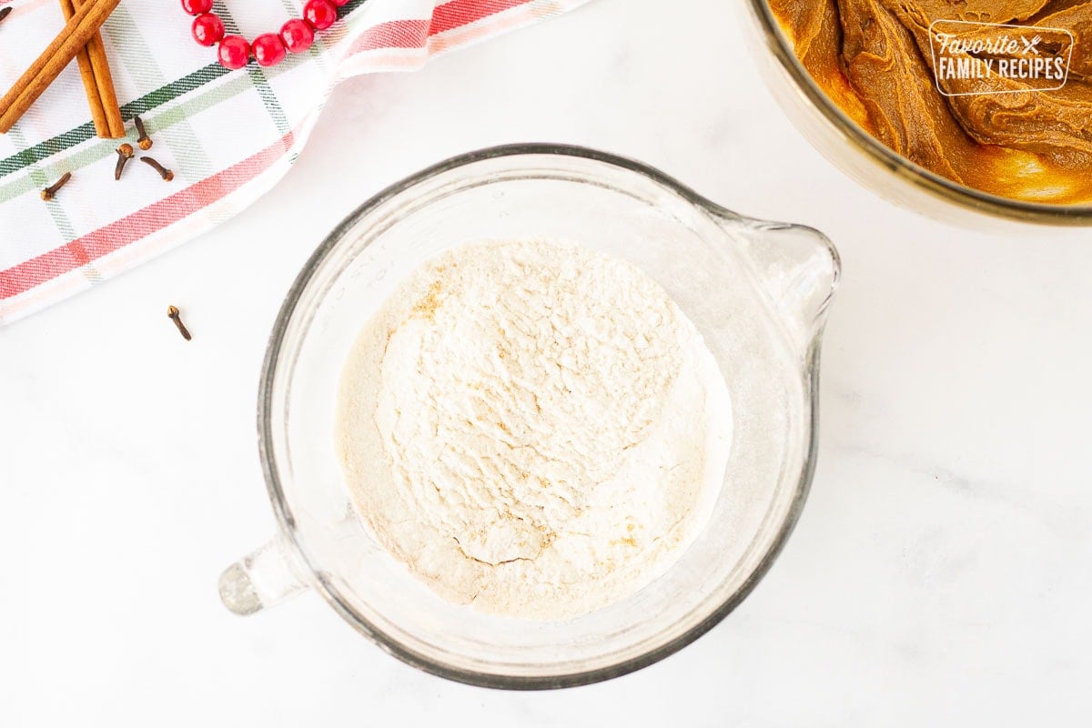 Dry ingredients in a mixing bowl for Molasses Cookies.