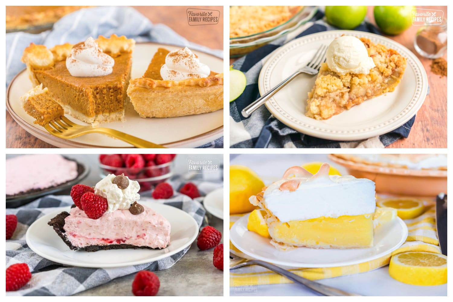 A collage of four pie slices - pumpkin pie, apple pie, raspberry cream pie, and lemon meringue pie.