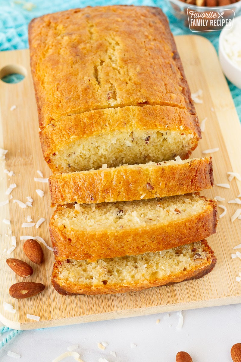 Sliced Sweet Coconut Bread on a cutting board.