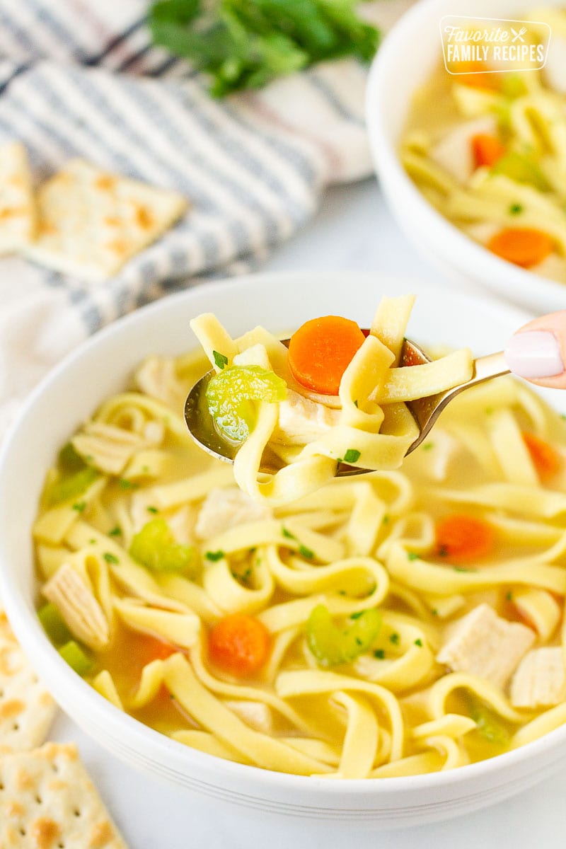 Hand holding spoon with Homemade Chicken Noodle Soup.