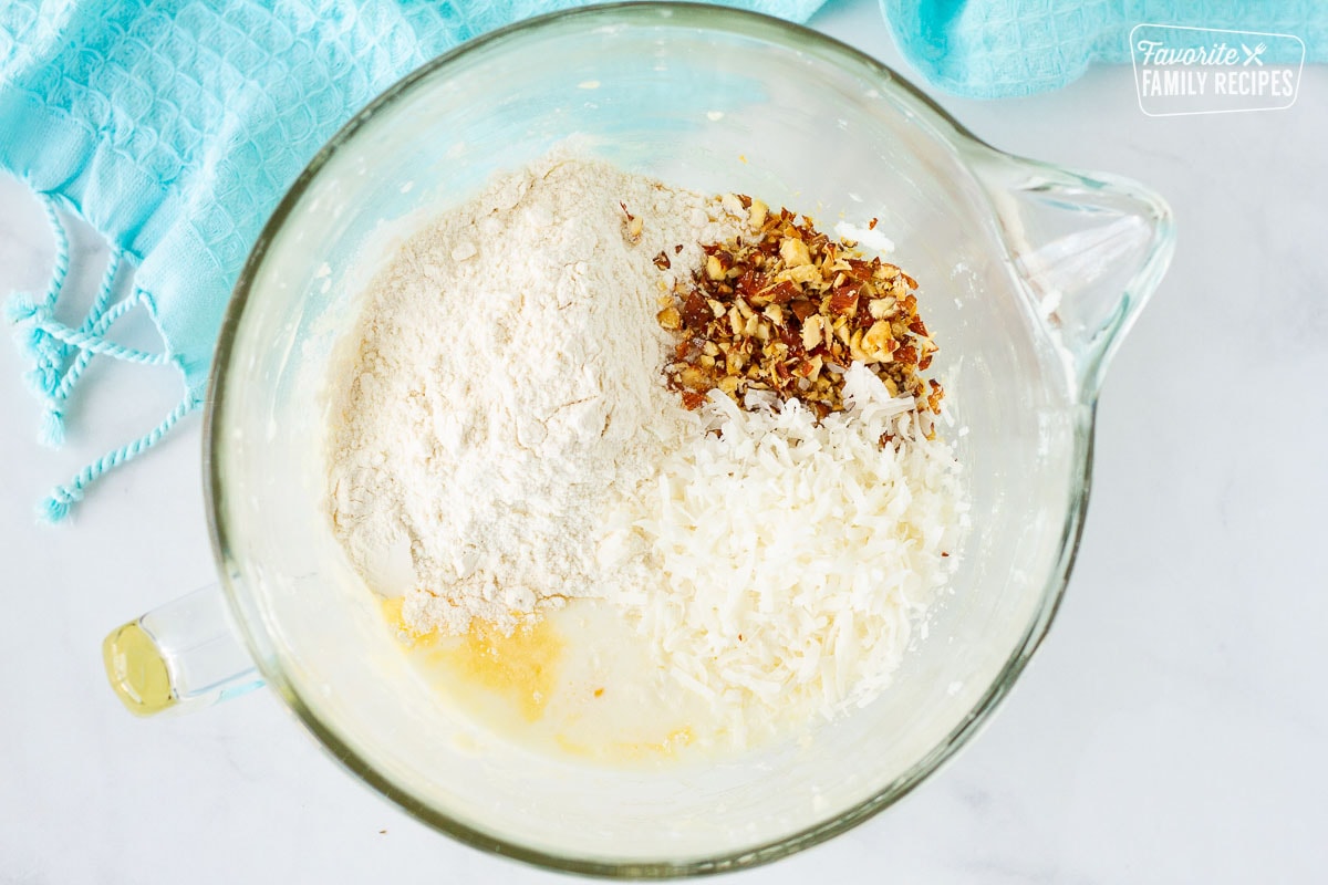 Mixing bowl of all ingredients for Sweet Coconut Bread batter.