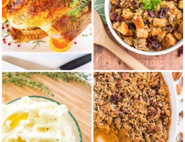 A collage of Thanksgiving dinner foods, including turkey, potatoes, stuffing, and sweet potatoes