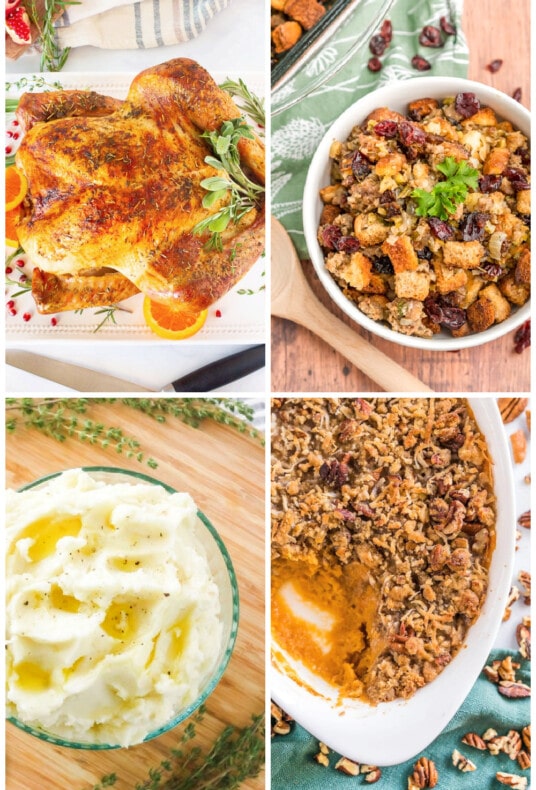 A collage of Thanksgiving dinner foods, including turkey, potatoes, stuffing, and sweet potatoes