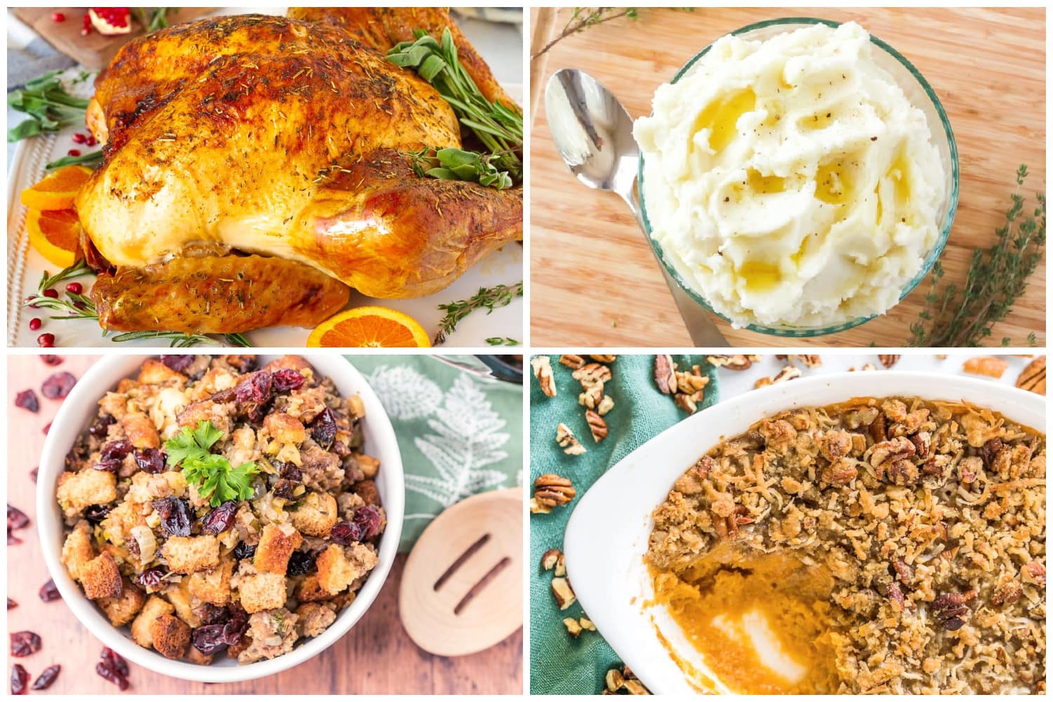 A collage of Thanksgiving dinner foods, including turkey, potatoes, stuffing, and sweet potatoes