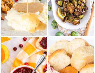 A collage of thanksgiving side dishes including cranberry sauce, Brussels sprouts, gravy, and rolls
