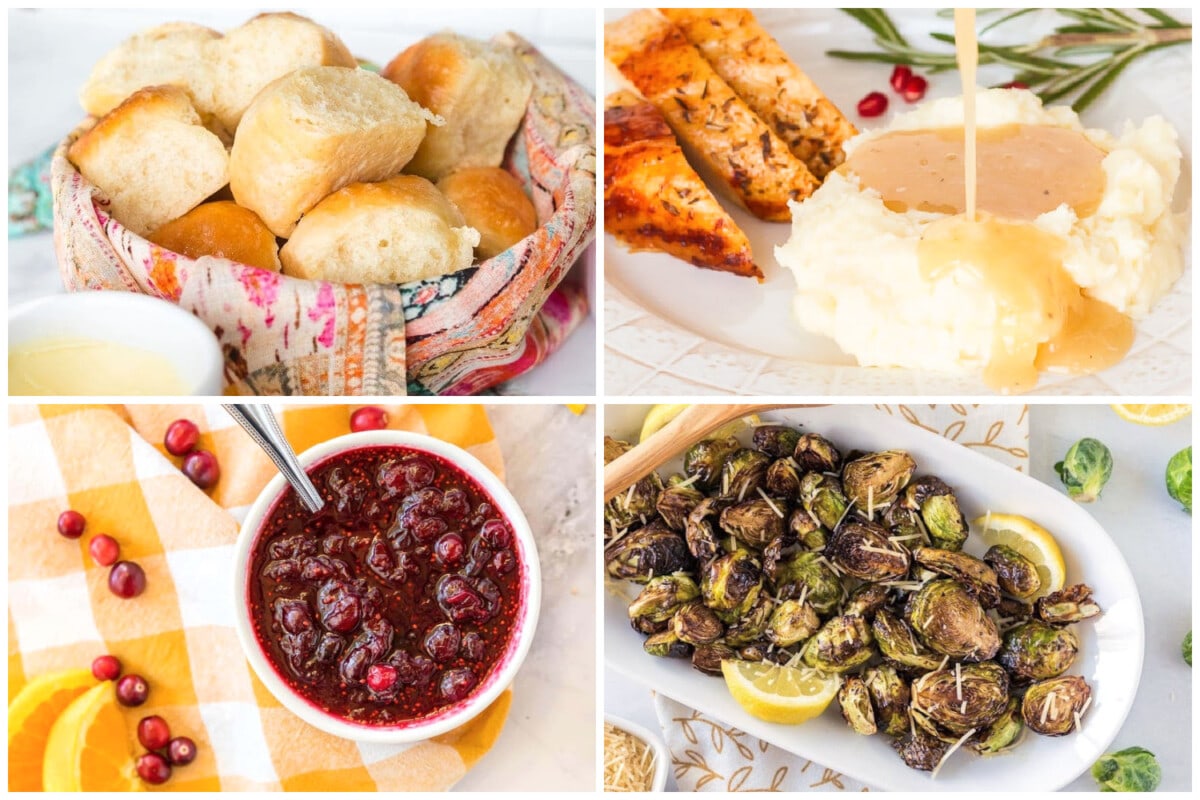 A collage of thanksgiving side dishes including cranberry sauce, Brussels sprouts, gravy, and rolls.