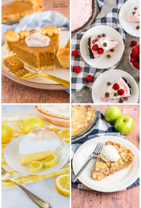 Four images of single pie slices on plates: pumpkin pie, raspberry cream, lemon meringue, and Dutch apple