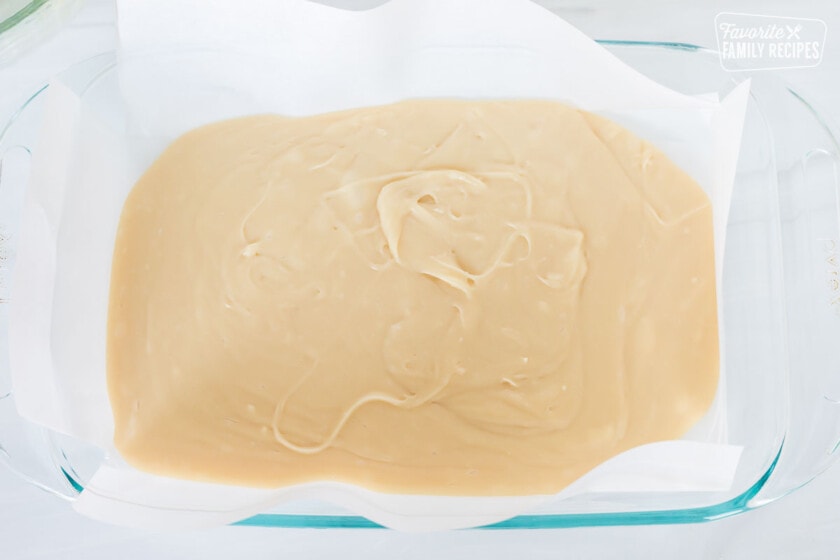 A pan with vanilla fudge that has not yet set