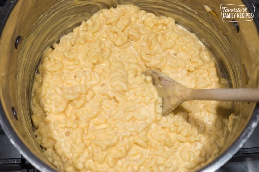 A large pot of prepared Velveeta mac and cheese