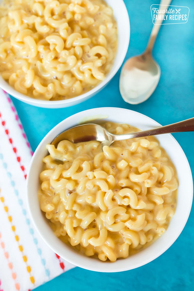 Two bowls of Velveeta macaroni and cheese