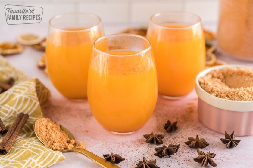 Three cups of wassail using our dry mix recipe